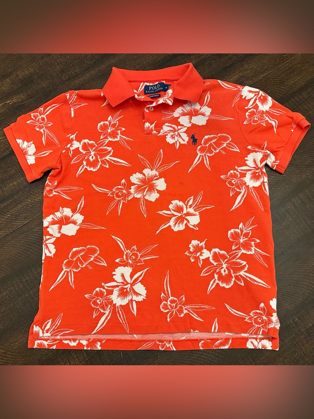 Polo Ralph Lauren Men’s Orange Tropical Polo-Slim Fit-Size Medium-Spots